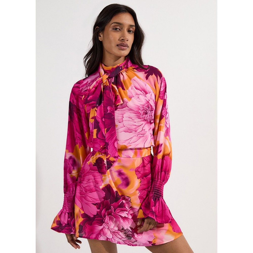 Karen Millen Floral Tie Neck Mini Dress Pink Orange Peony Smocked Cuff 12 Party